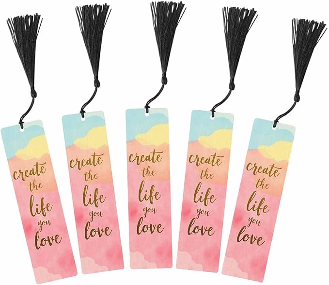 Create Life 5 Pcs Bookmarks Pink Blue Tie Dye Wooden Bookmarks with Tassel for Students Reader Teachers Book Lovers
