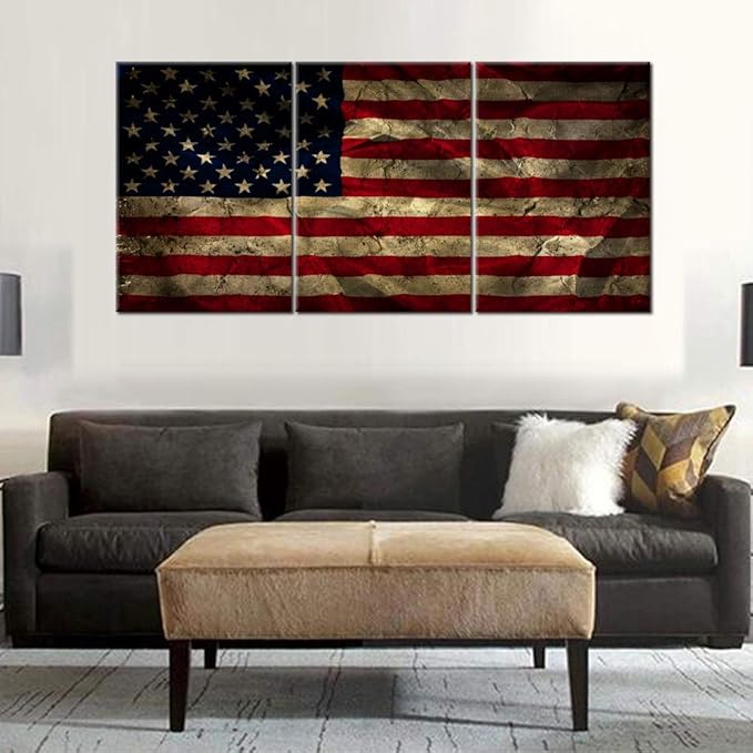 Native American Wall Decor Vintage USA Flag Grunge Paintings for Living Room Patriotic Concept Pictures 3 Panel Red Canvas Artwork Giclee Home Decoration Frame Stretched Ready to Hang (60''Wx28''H)