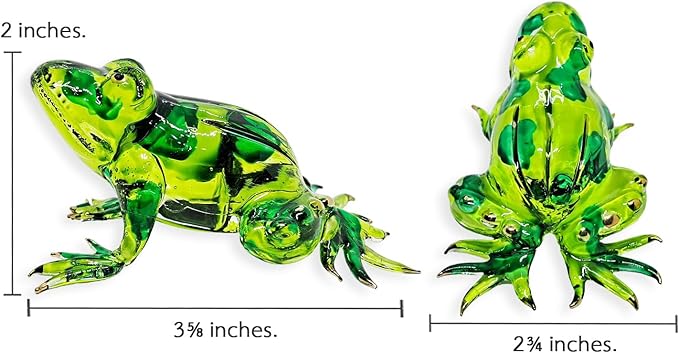 WitnyStore Tiny 3⅝" Green Patched Frog Figurine - Miniature Hand Blown Painted Glass Poison Dart Frogs Toad Amphibian Animals Colorful Small Crystal Replica Decorative Collectible Figures Décor Gifts