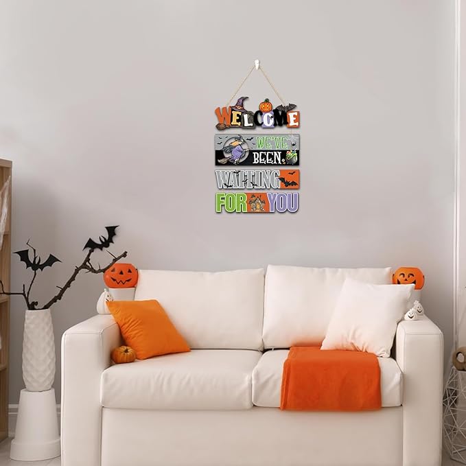 CHDITB Halloween Welcome Wooden Sign, Spooky Witch Wooden Hanging Plaque, Festive Halloween Front Door Sign, We've Been Watering for You Wall Art Hanger for Thanksgiving Decor