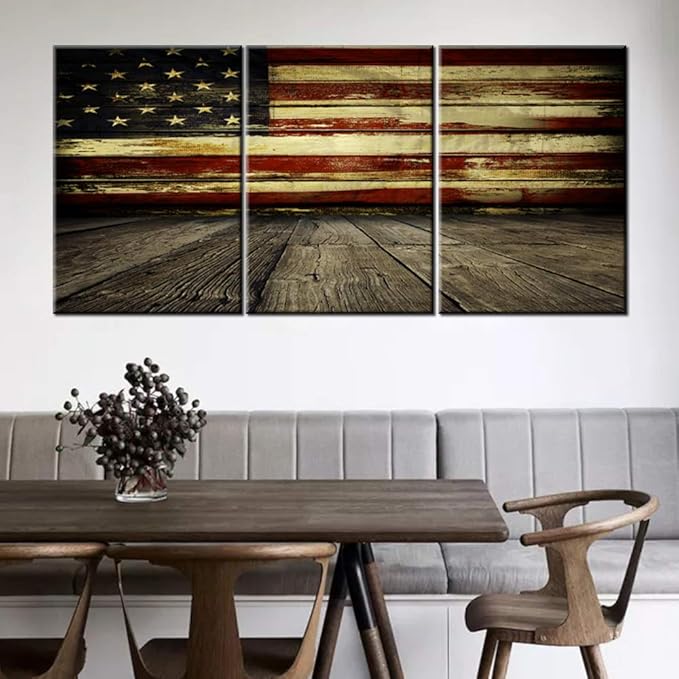Wall Pictures for Living Room Native American USA Flag Wall Art on Canvas Wooden Floor Paintings 3 Piece Patriotic Artwork Giclee Contemporary House Decor Framed Stretched Ready to Hang(42''Wx20''H)