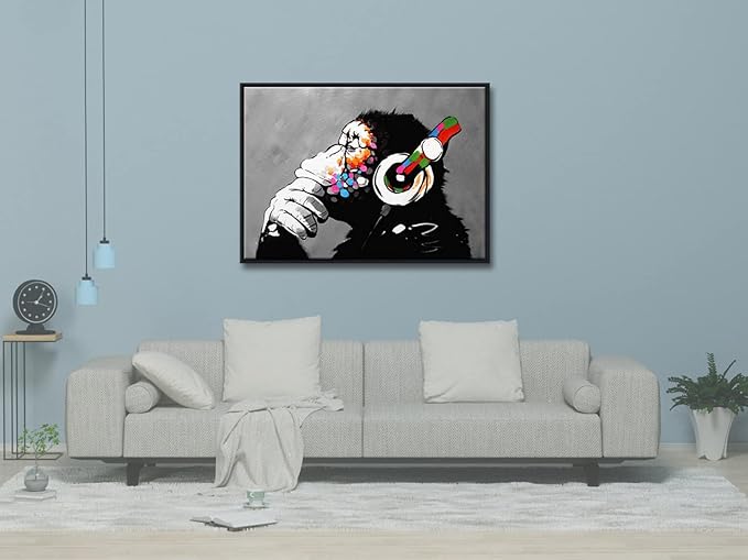 Wieco Art Black Framed Monkey With Headphones Banksy Graffiti Art Abstract Canvas Painting Posters and Prints Animal Canvas Wall Art for Wall Decor and Home decorations