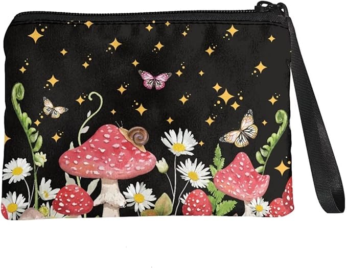 Dolyues Mushroom Coin Purse Change Pouch with Strap Casual Money Bag Wallet Small Clutch Zipper Pouch Coin Bag for Women Girls