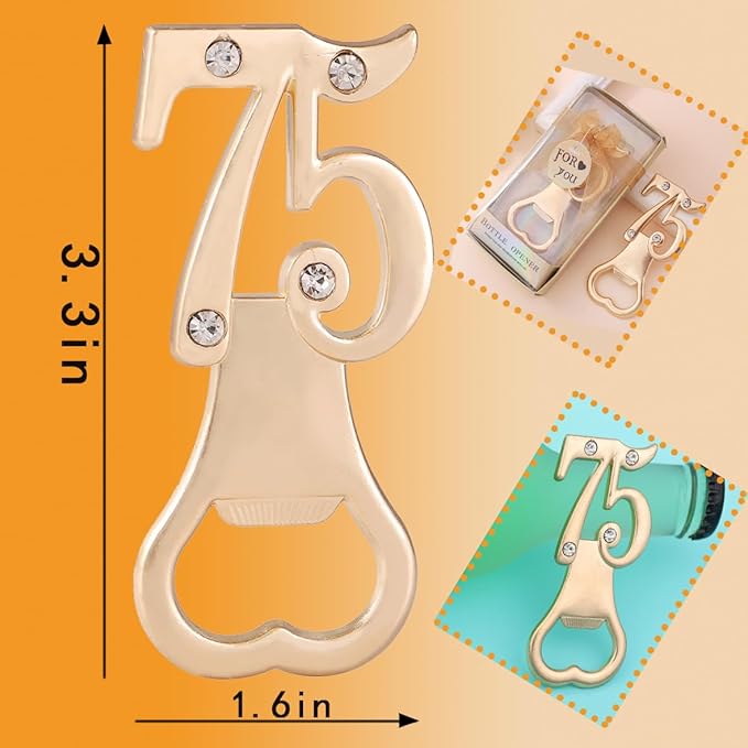 Baseo 24pcs Gold Themed 75th Birthday Bottle Openers, 75th Anniversary Party Gifts & Decorations