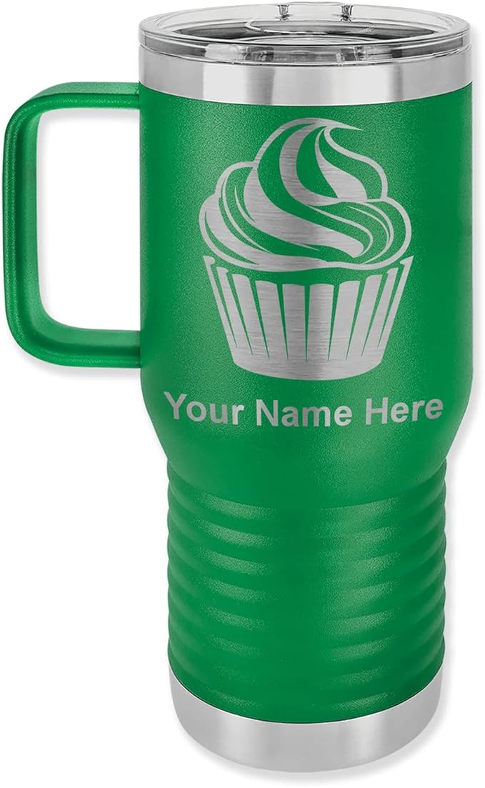 LaserGram 20oz Vacuum Insulated Travel Mug with Handle, Cup Cake, Personalized Engraving Included (Green)