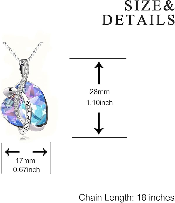 AOBOCO I Love You Sterling Silver 12 Birthstone Heart Pendant Necklace Embellished with Crystals from Austria, Mother's Day Anniversary Birthday Jewelry Christmas Gifts for Women Grandma Nana