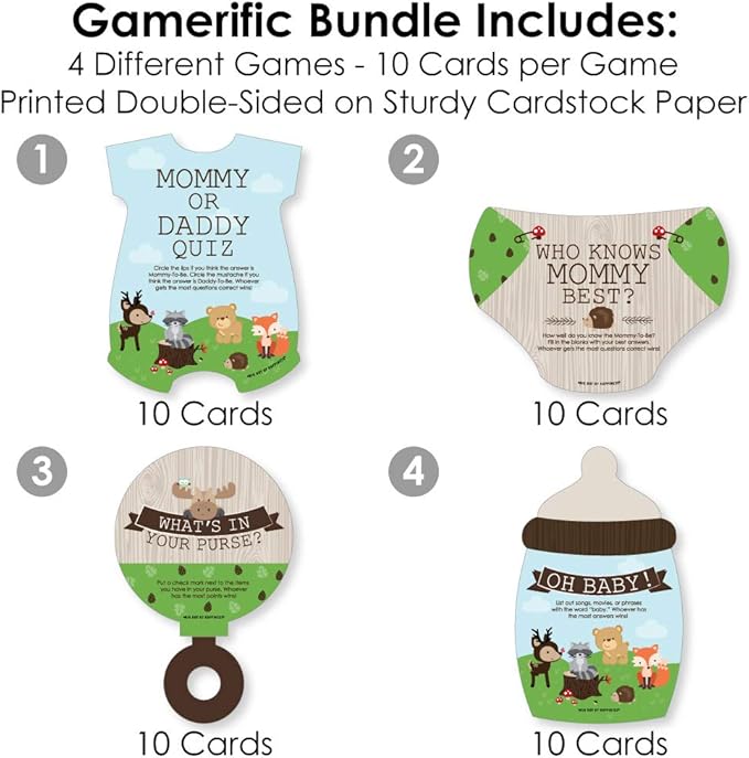 Big Dot of Happiness Woodland Creatures - 4 Baby Shower Games - 10 Cards Each - Who Knows Mommy Best, Mommy or Daddy Quiz, What’s in Your Purse and Oh Baby - Gamerific Bundle