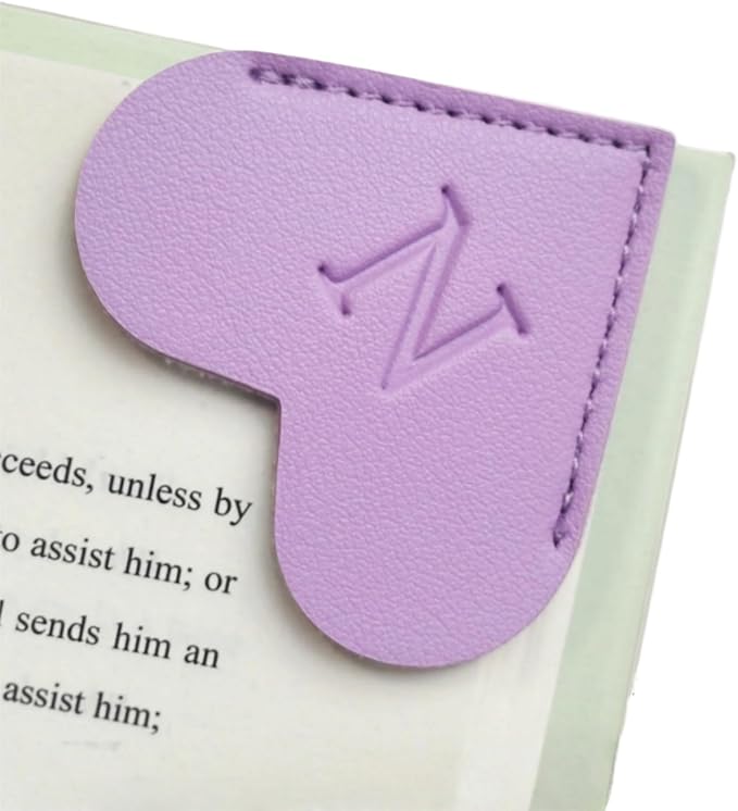 MOTEERLLU Personalized Leather Heart Bookmark with Initials, Handmade, Letter Cute Custom Corner Book Marks for Reading Women, Teachers, Students, Book Lovers, Book Accessories(Purple,N)
