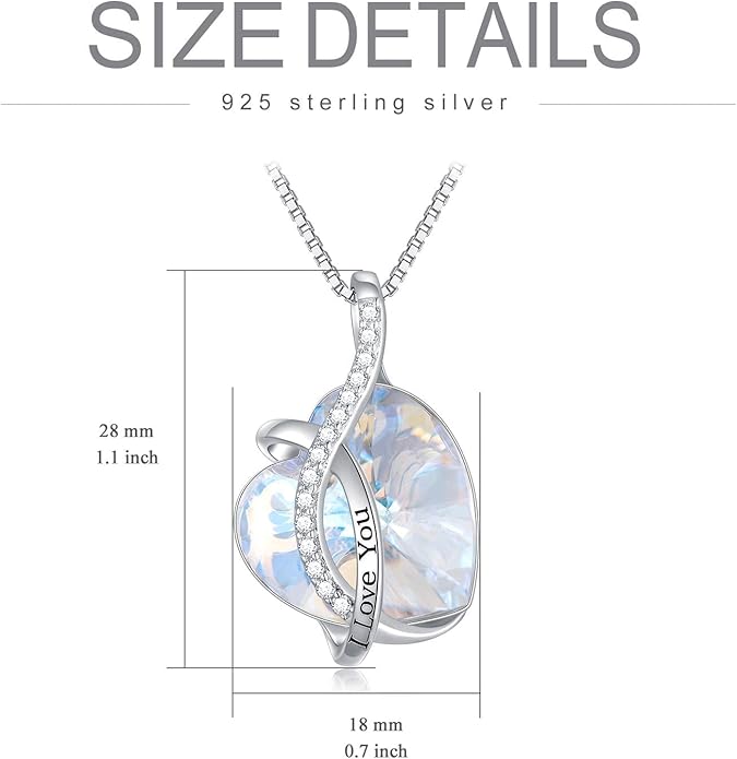 AOBOCO I Love You Sterling Silver 12 Birthstone Heart Pendant Necklace Embellished with Crystals from Austria, Mother's Day Anniversary Birthday Jewelry Christmas Gifts for Women Grandma Nana
