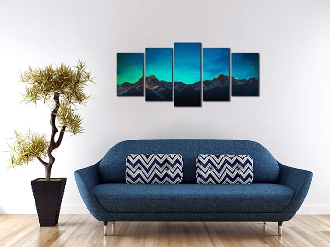 Wieco Art Canvas Wall Art Mount Cook and Lake Matheson New Zealand with Milky Way Modern 5 Piece Canvas Artwork Starry Night Pictures for Bedroom Kitchen Living Room Wall Decor Home Decorations