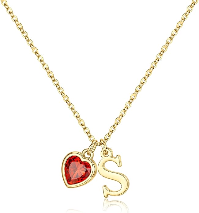 Turandoss Valentines Day Gifts for Her Trendy, Dainty 14K Gold Plated Initial A-Z Heart Birthstone Pendant Necklace Personalized Bridesmaid Birthday Valentines Jewelry Gifts for Women Girls