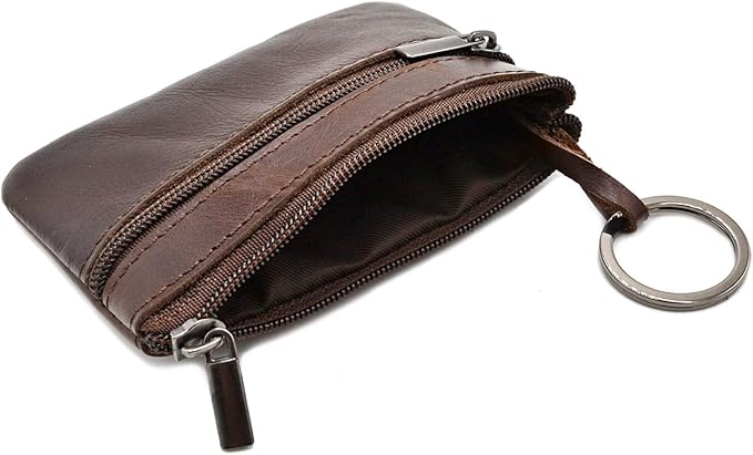 Multi-Functional Genuine Leather Wallet - Wine Red Compact Card Holder with 3 Zippers, Built-in Key Ring & Coin Purse for Travel (darkbrown)