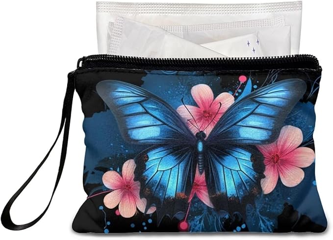 Dolyues Womens Coin Purse Black Change Pouch, Clutch Bags Card Cash Wallet, Zipper Around Coins/Phone Organizer Bag Storage Wallets Blue Butterfly and Pink Flower