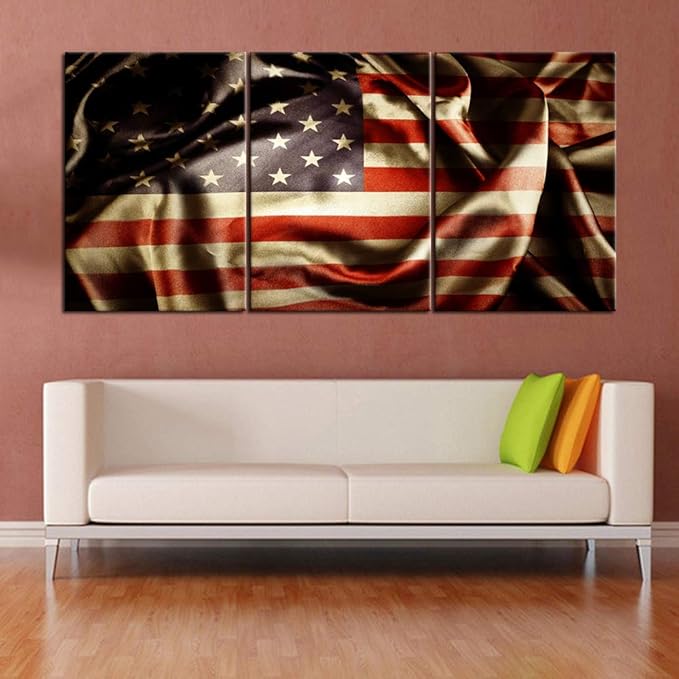 Vintage American Flag Red Pictures Patriotism Paintings Stars Stripes Artwork 3 Piece Canvas Wall Art for Living Room Giclee Home Decoration Wooen Framed Gallery-Wrapped Ready to Hang(60''Wx28''H)