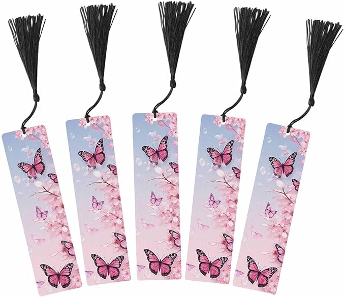 Cherry Blossoms Bookmarks 5 Pcs with Tassels Pink Butterflies Wooden Bookmarks for Reading Women Students Teacher Reader