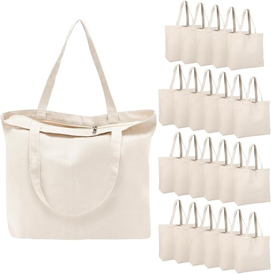 Segarty Canvas Tote Bag with Zipper, 24 Pack 16x13 Reusable Bags for Women, Blank Canvas Tote Aesthetic with Natural Cotton Cloth, Shoulder Strap, Bulk for DIY, Grocery, Beach, Travel，Gift