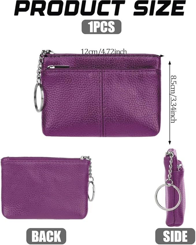 Genuine Leather Wallet Double Zipper Coin Purse Keychain Lychee Mini Change Pocket for Women (Purple)