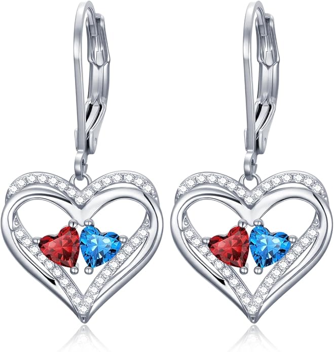 Heart Leverback Earrings Double Birthstone Dangle Earrings for Women, Love Jewelry for Her, Christmas Gifts for Women, Anniversary Birthday Gift for Mom Wife Girlfriend