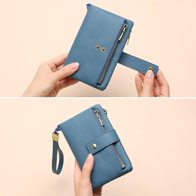 Practical Genuine Leather Wristlet Wallet for Women with Double Zipper Coin Purse and Card Organization (Blue)