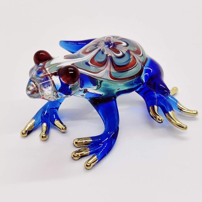 WitnyStore 2¾" Swirl Blue Red Frog Artistic Blown Glass Figurine Premium Hand-Blown Statue Tabletop Decoration Unique Collectible for Adult Collectors Handcrafted Elegant Home Room Decor