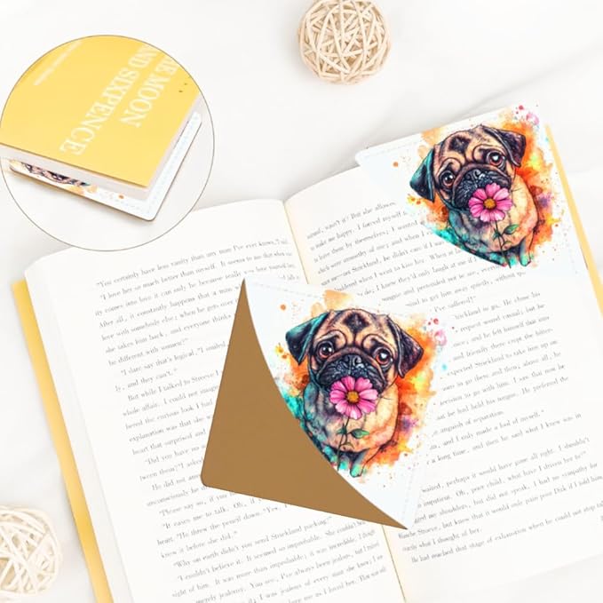 2PCS Leather Bookmarks 3.54 x 3.54 Inch Color Splash Pug with Flower Design Reading Accessories for Books Journals Bibles Travel Diary Students Teachers and Book Lovers Gift
