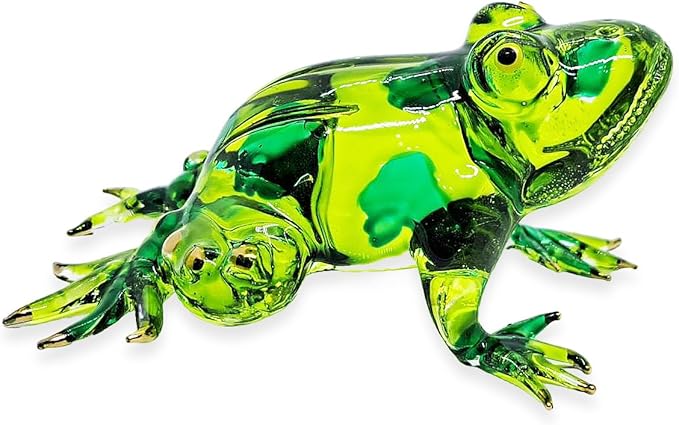 WitnyStore Tiny 3⅝" Green Patched Frog Figurine - Miniature Hand Blown Painted Glass Poison Dart Frogs Toad Amphibian Animals Colorful Small Crystal Replica Decorative Collectible Figures Décor Gifts