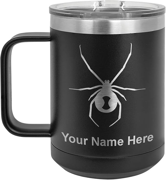LaserGram 15oz Vacuum Insulated Coffee Mug, Widow Spider, Personalized Engraving Included (Black)