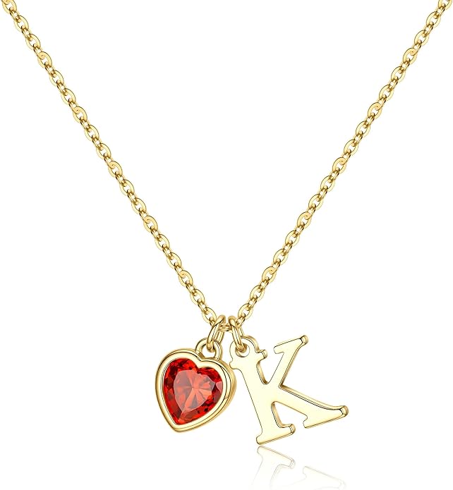 Turandoss Valentines Day Gifts for Her Trendy, Dainty 14K Gold Plated Initial A-Z Heart Birthstone Pendant Necklace Personalized Bridesmaid Birthday Valentines Jewelry Gifts for Women Girls