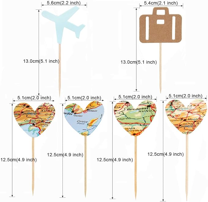 Morndew 24 PCS Travel Cupcake Toppers Blue Airplane Map Heart Traveling Case Cake Topper Picks for World Awaits Travel Themed Baby Shower Birthday Party Wedding Party Decorations