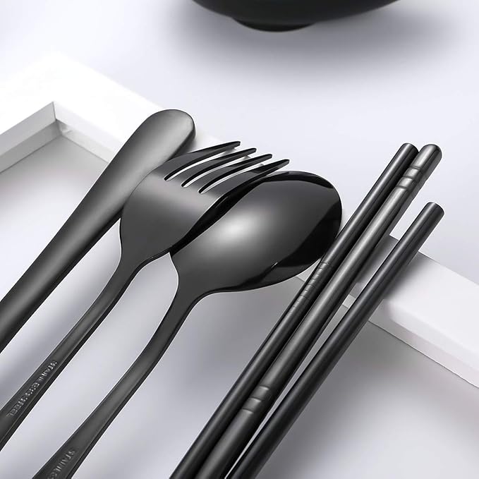 Travel Utensils,Reusable Silverware Set To Go Portable Cutlery Set with a Waterproof Carrying Case for Lunch Boxes Workplace Camping Picnic (Black)