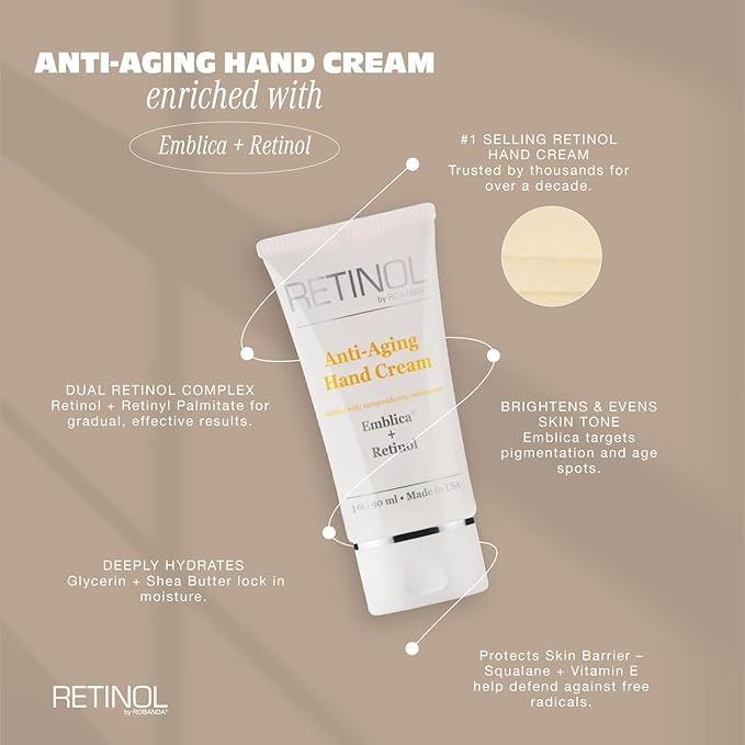Robanda Retinol Anti-Aging Hand Cream - Hydrating & Moisturizing Hand Lotion with Anti-Aging Formula to Help Prevent Wrinkles & Reduce Fine Lines, 3 oz, Lightly Scented