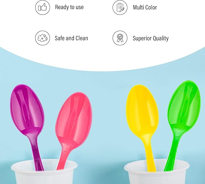 MT Products Candy Colored Medium Weight Polystyrene Plastic Tea spoons in Pink, Green, Orange, Yellow, Purple -Pack of 50 - Colors may vary