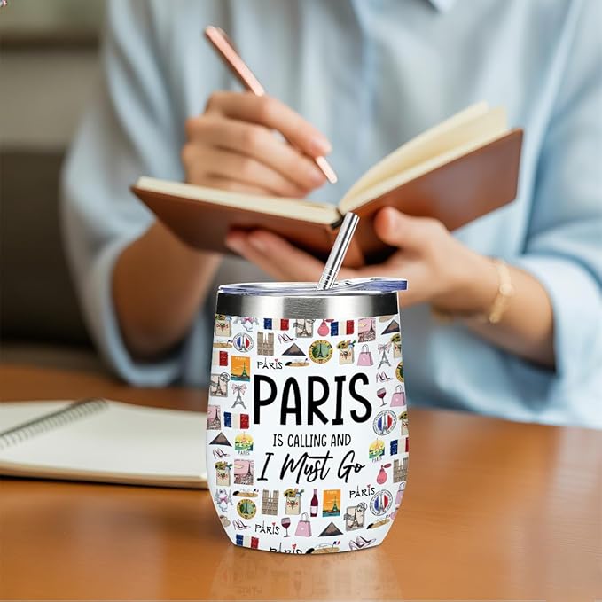 France Gifts Travel Souvenir Wine Tumbler 12 oz Insulated Wine Glass Cup with Lid Straw Vacuum Cup,Paris Lover for Women Men Friend Bestie Birthday Christmas Trip Gifts Favors