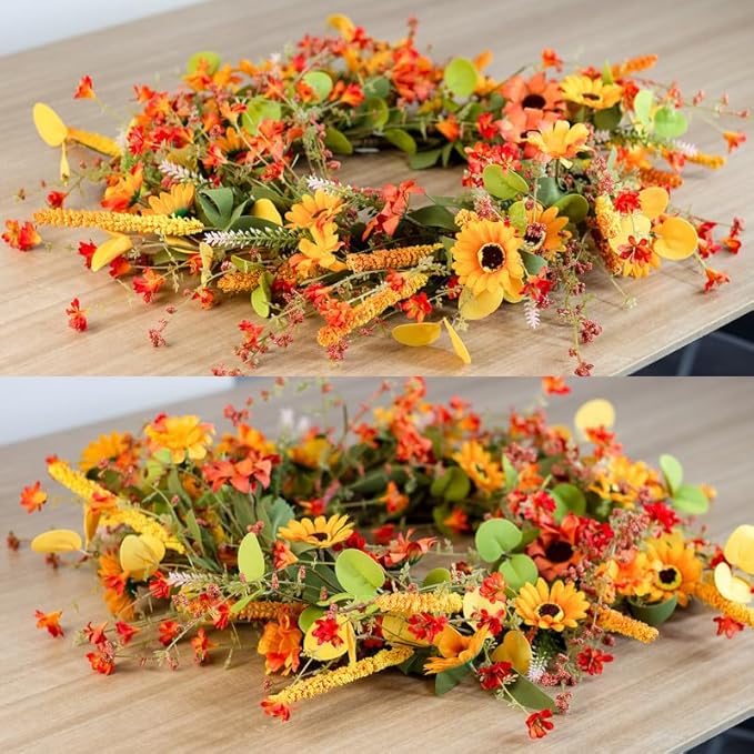 22" Fall Wreath for Front Door with Hanger Artificial Flowers Autumn Decor Berries Sunflowers Daisy Thanksgiving Decorations, Farmhouse Indoor/Outdoor