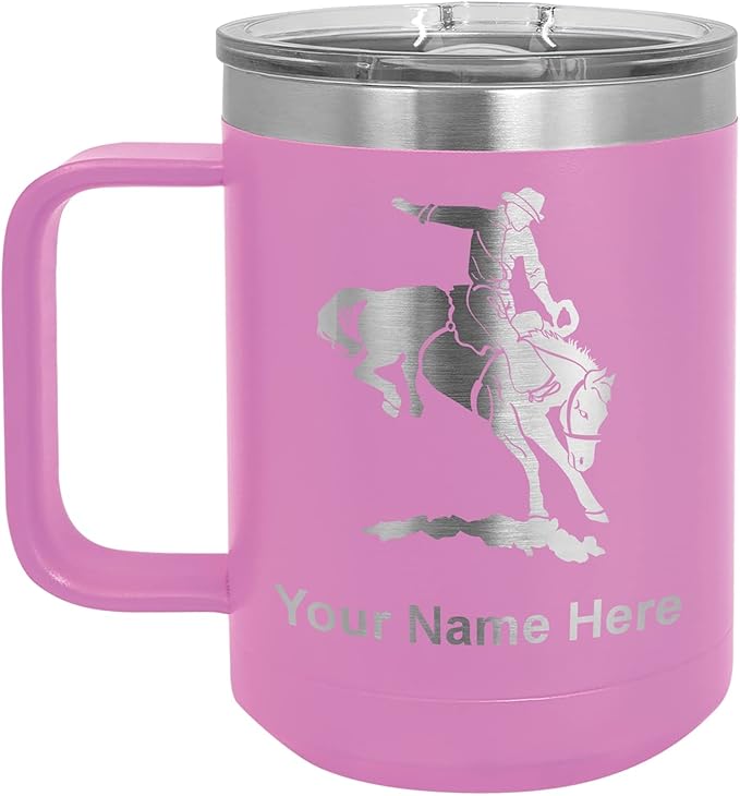 LaserGram 15oz Vacuum Insulated Coffee Mug, Bronco Rider, Personalized Engraving Included (Light Purple)
