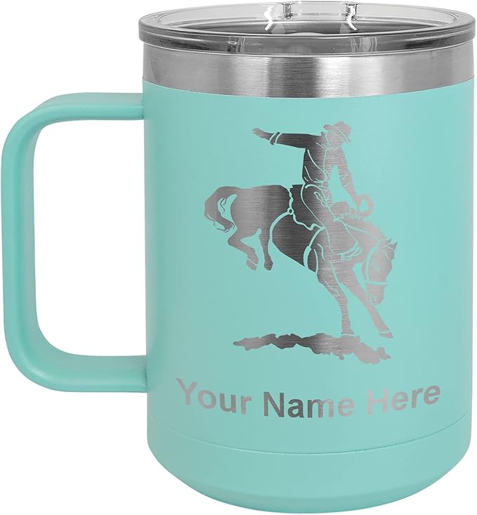 LaserGram 15oz Vacuum Insulated Coffee Mug, Bronco Rider, Personalized Engraving Included (Teal)