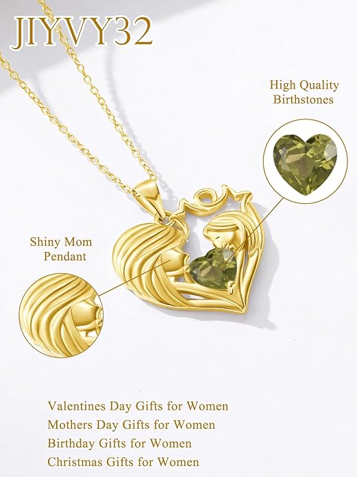 Mother and Daughter/Son Love Heart Necklace White Gold/14K Gold/Rose Gold Birthstone Jewelry Christmas Mothers Day Birthday Gifts For Mom Wife Grandma Women