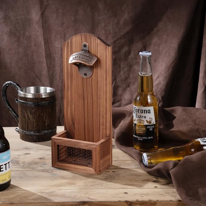 Bottle Opener with Cap Collector Catcher,Vintage Wooden Wall Mounted Bottle Opener，Ideal Gift for Men and Beer Lovers, Use as Bar Decoration (Beer Day)