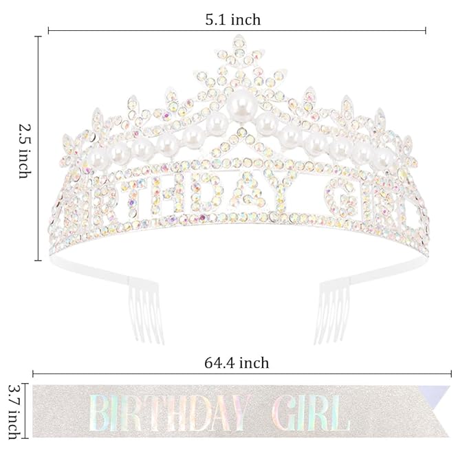 Sliver Birthday Girl Crown and Sash, Pearl Birthday Tiara,Sliver Birthdays Decorations Set, Princess Crown Tiara for Women and Girls
