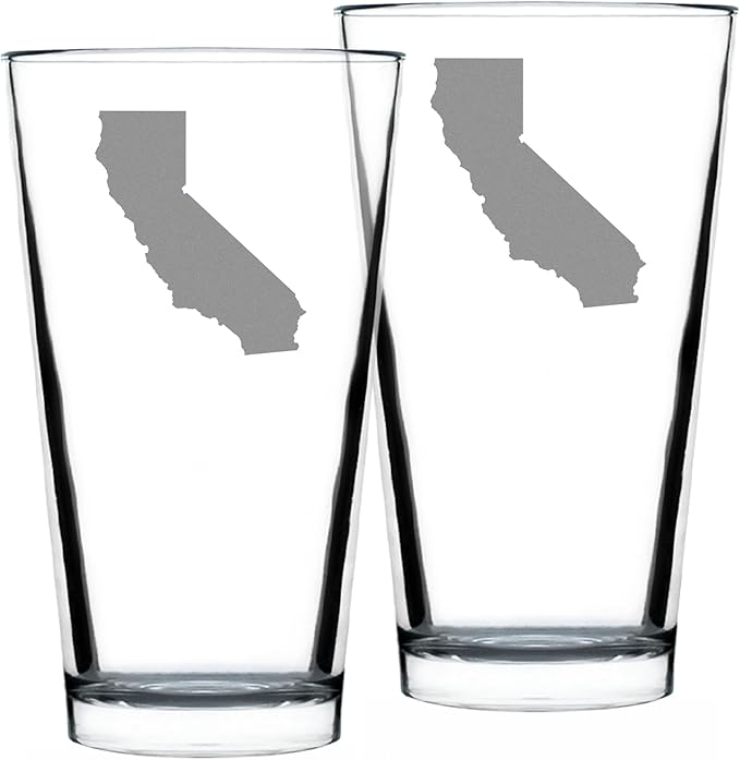 Bevvee California State Outline Pint Glass for Beer - State Themed Drinking Decor and Gifts for Californian Women & Men - Set of 2-16 Oz Glasses