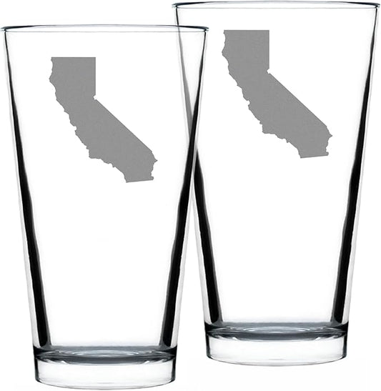 Bevvee California State Outline Pint Glass for Beer - State Themed Drinking Decor and Gifts for Californian Women & Men - Set of 2-16 Oz Glasses