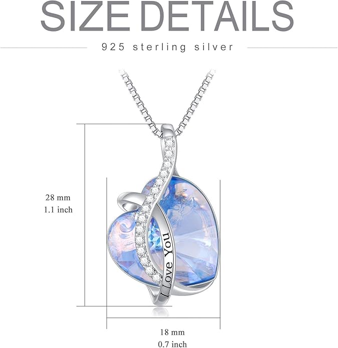 AOBOCO I Love You Sterling Silver 12 Birthstone Heart Pendant Necklace Embellished with Crystals from Austria, Mother's Day Anniversary Birthday Jewelry Christmas Gifts for Women Grandma Nana