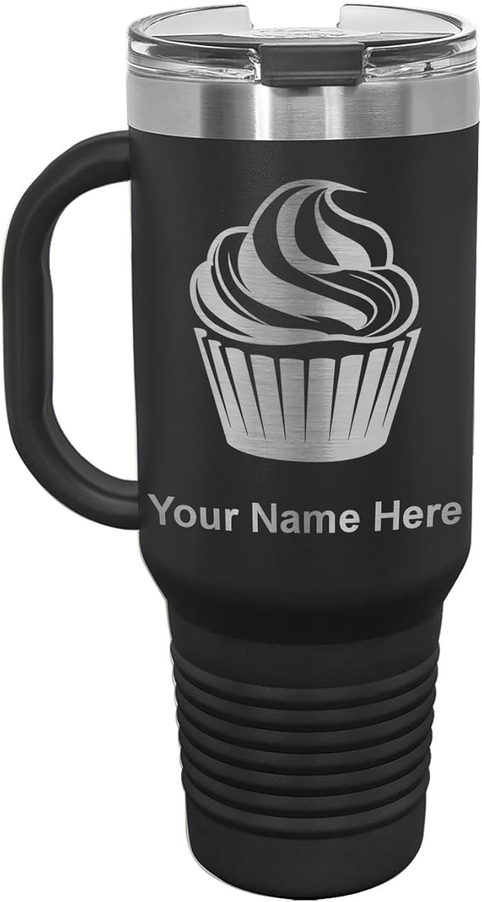 LaserGram 40oz Vacuum Insulated Travel Mug with Handle, Cup Cake, Personalized Engraving Included (Black)