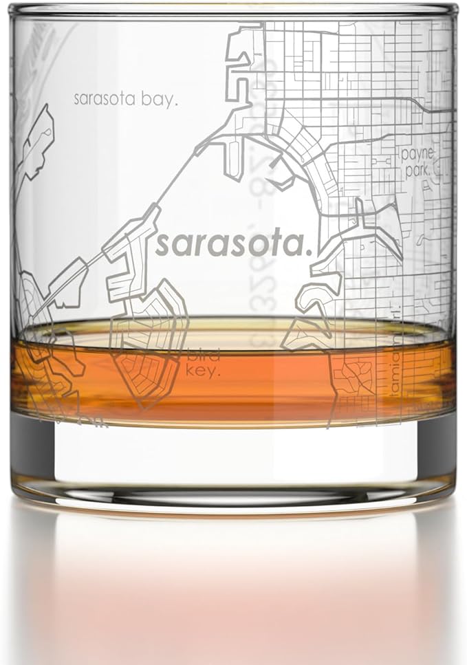 Well Told Engraved Sarasota Florida Map Rocks Glass, Old Fashioned Glassware (11 oz, Clear) Etched Bourbon Tumbler, Gifts For Whiskey Lovers
