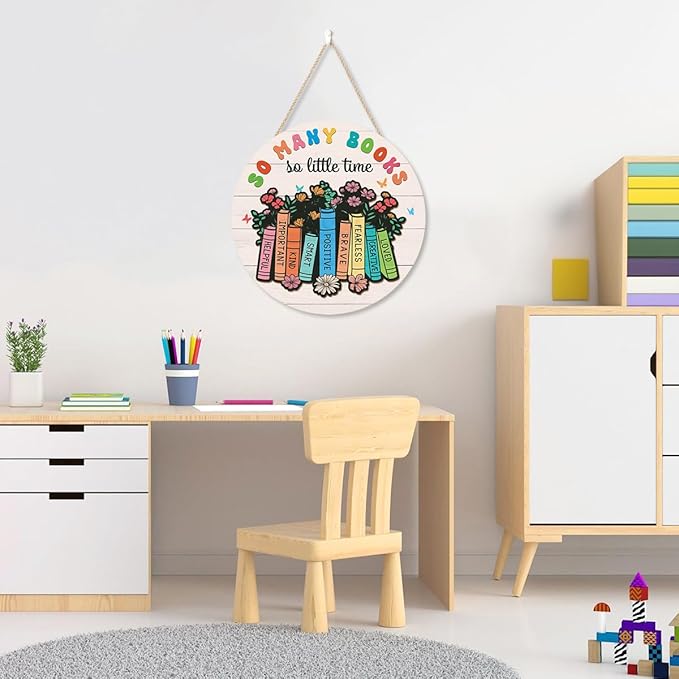 CHDITB Reading Book Wooden Hanging Sign, Colorful Inspiration Saying Books Wooden Plaque, Library Wood Sign for Bookish, So Many Books So Little Time Wall Hanging for Read Corn Classroom Decor