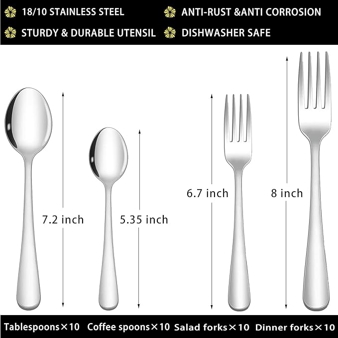 40 Pieces Spoons and Forks Set, Stainless Steel Forks and Spoons Silverware Set, Home Kitchen Cutlery Forks and Spoons