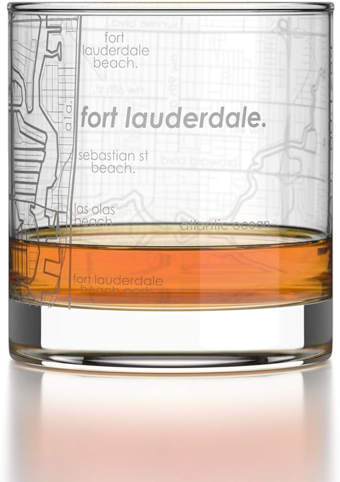 Well Told Engraved Fort Lauderdale Florida Map Rocks Glass, Old Fashioned Glassware (11 oz, Clear) Etched Bourbon Tumbler, Gifts For Whiskey Lovers