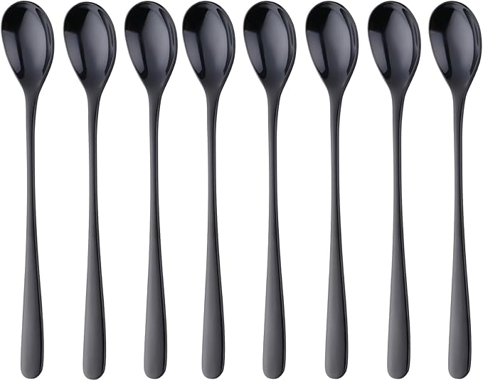 Buyer Star 8-Inch Long Handle Iced Tea Spoons, Ice Cream Spoon, Stainless Steel Cocktail Stirring Spoons, Set of 8 (Black)