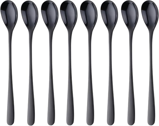 Buyer Star 8-Inch Long Handle Iced Tea Spoons, Ice Cream Spoon, Stainless Steel Cocktail Stirring Spoons, Set of 8 (Black)
