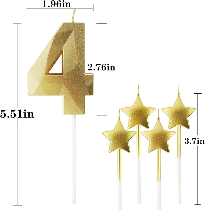Golden Number 4 Birthday Candles and Star Birthday Candles 2.76 inch Birthday Cake Candles 3D Diamond Shaped Candles are Suitable for Birthday Parties and Anniversary Cake Decorations Candles(Gold 4